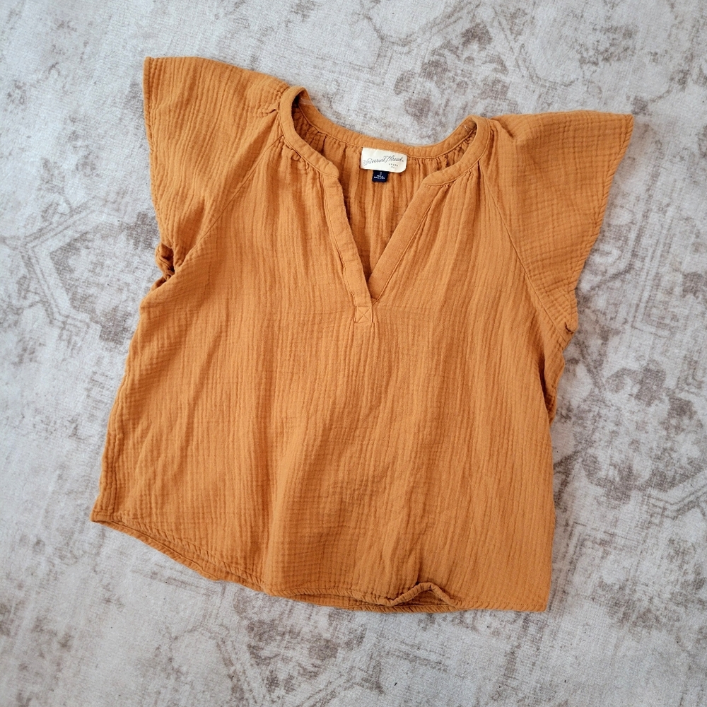 Universal Thread Muted Orange Muslin Gauze Blouse V-Neck Flutter Sleeve Womens S